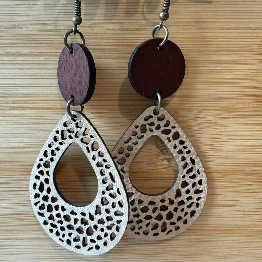 Vegan Leather and Wood Teardrop Earrings